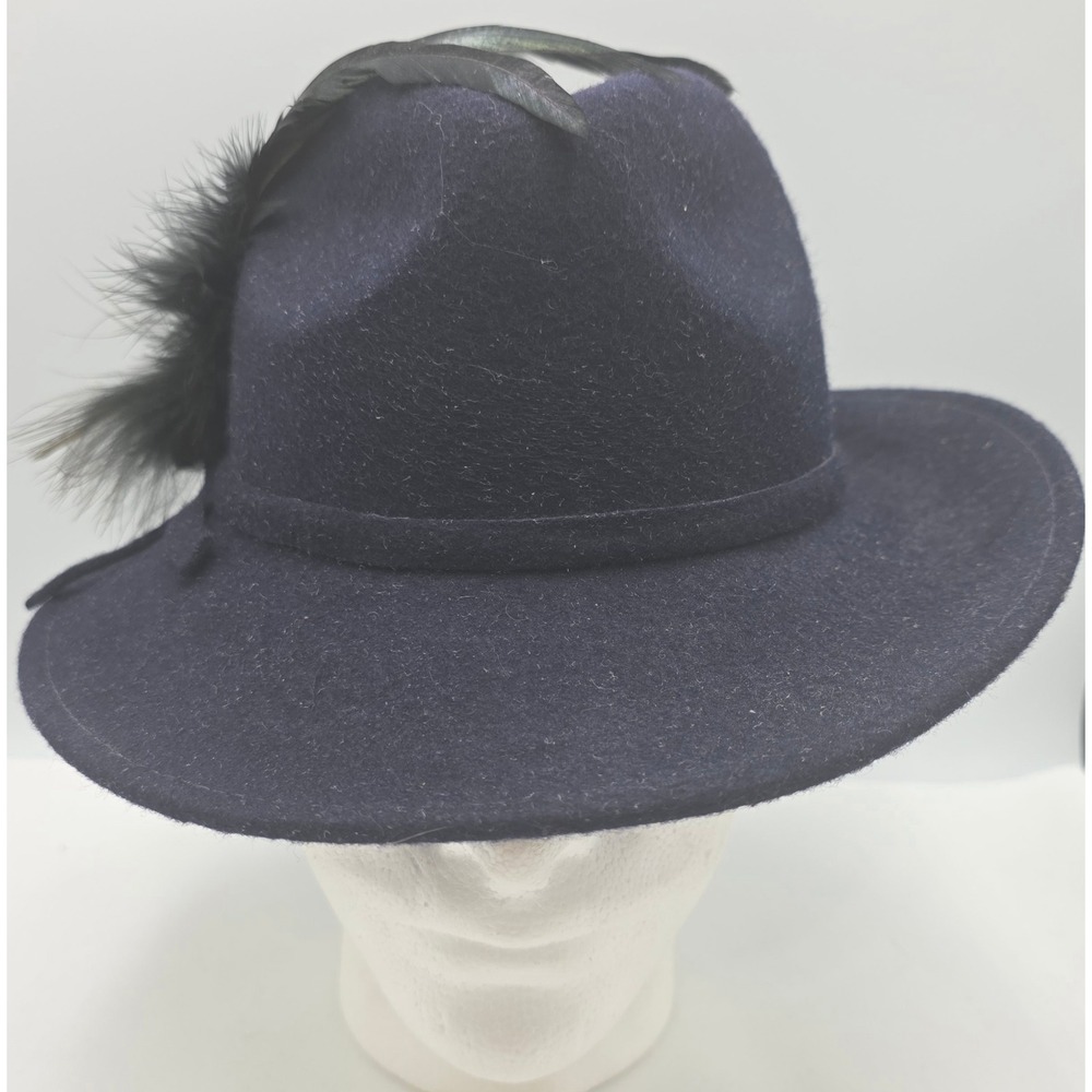 Vintage Lancaster Fedora Hat Women Sz 7 Navy Blue Wool Black Feather Made in USA